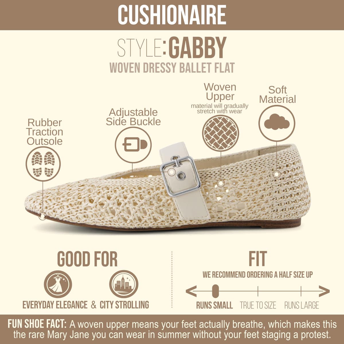 CUSHIONAIRE Gabby Woven Mary Jane Ballet Flats for Women, Comfortable Dressy Flat Shoes with Adjustable Gold-Tone Buckle and Memory Foam Cushioning — view 4