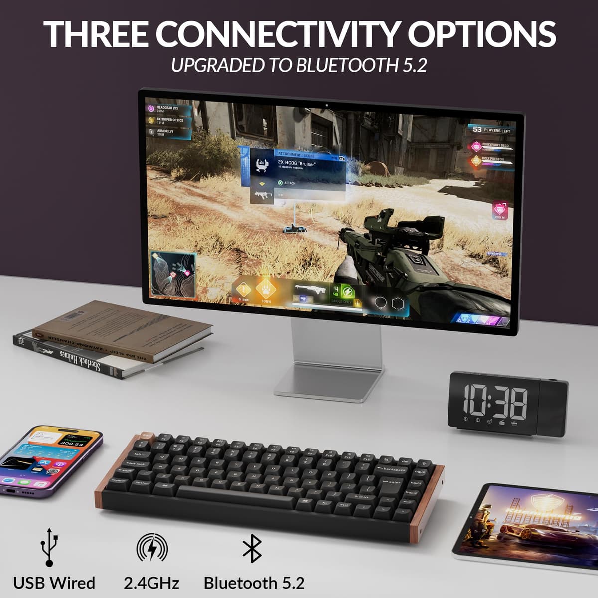 Keychron K2 HE Wireless Custom Mechanical Keyboard - Hall Effect Magnetic Switch, Rapid Trigger, 2.4G/Bluetooth 5.2/USB-C, QMK/VIA, Aluminium & Wood, RGB Backlit(Mac/Windows/Linux), UK Layout — view 2