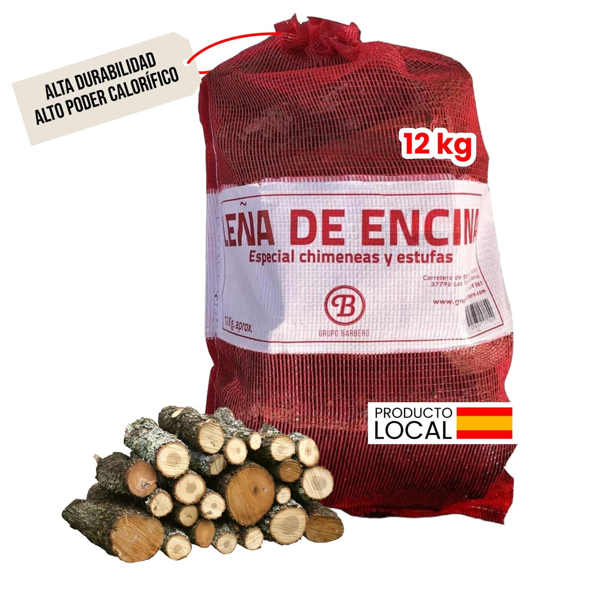 Leña Encina Saco 12kg Madera Dura Secada Horno Alto Rendimiento Calor Intenso Llama Duradera Ideal Chimenea Estufa Barbacoa Interior Exterior Combustión Lenta Baja Humedad Ecológica Limpia