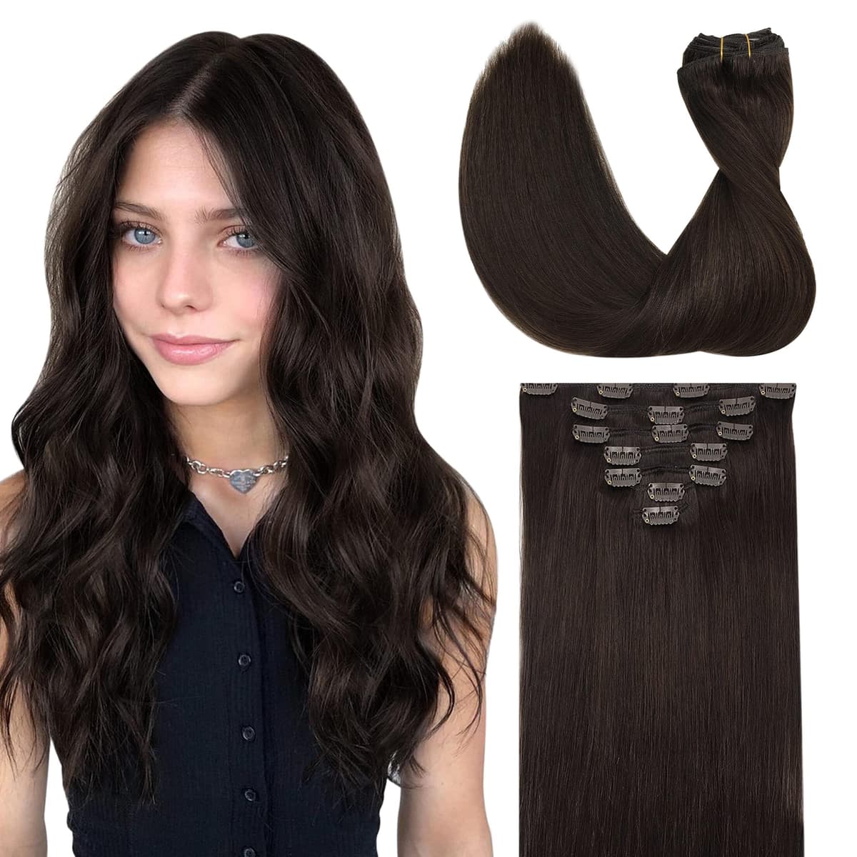 GOO GOO Clip in Hair Extensions Human Hair, 18inch 150g 9Pcs, #2 Dark Brown, Hair extensions for women, Human Hair Extensions Clip in — view 259