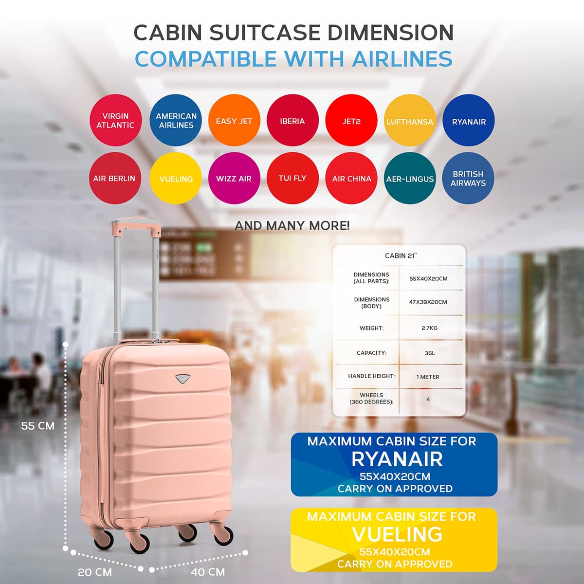 Flight Knight Set of 2 Lightweight 4 Wheel ABS Hard Case Suitcases Cabin Carry On Hand Luggage Approved for Over 60 Airlines Including easyJet, Jet2 & Maximum Size for Ryanair (Priority) 55x40x20cm — view 3