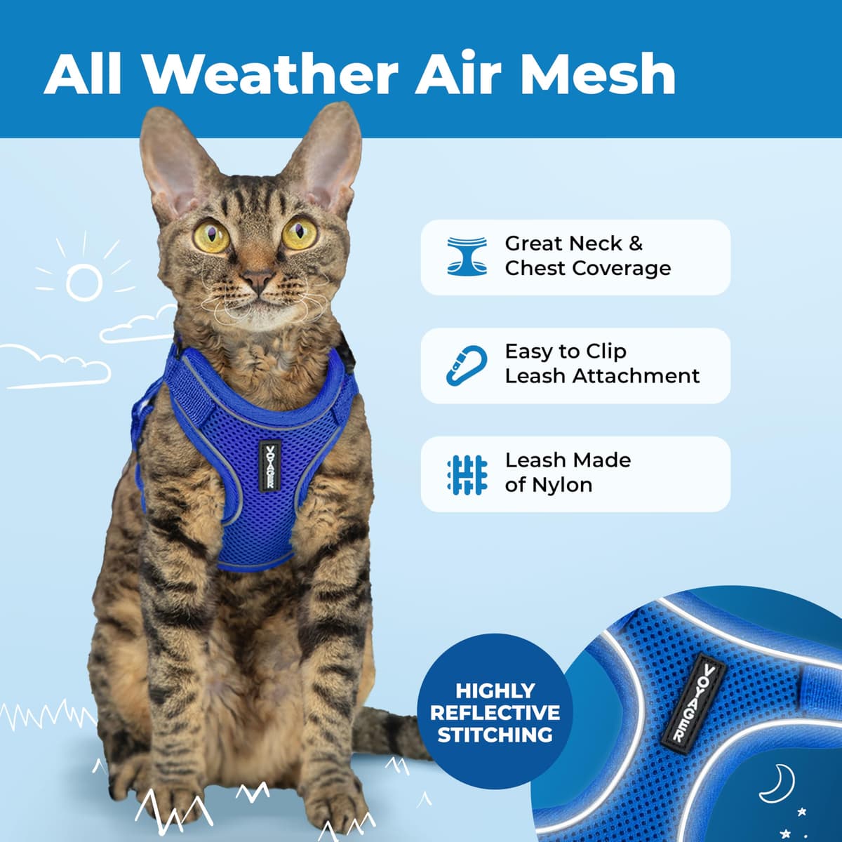 Voyager Escape Proof Cat Harness and Leash Set with Reflective Stitching, Neoprene Handle 5ft - Supports Small, Medium and Large Cats, Kittens for Walking by Best Pet Supplies - Royal Blue, S — view 3