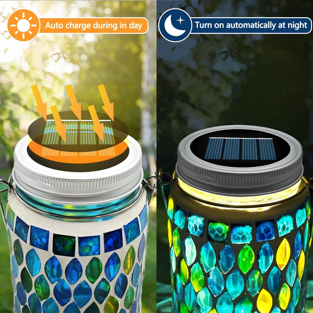 TOTHDATE 2PCS Mosaic Solar Lights Outdoor Garden, On/Off Glass Hanging Solar Mosaic Lanterns Lights IP65 Waterproof for Table Lawn Path Courtyard Deck Fence, Blue Mosaic Glass — view 3