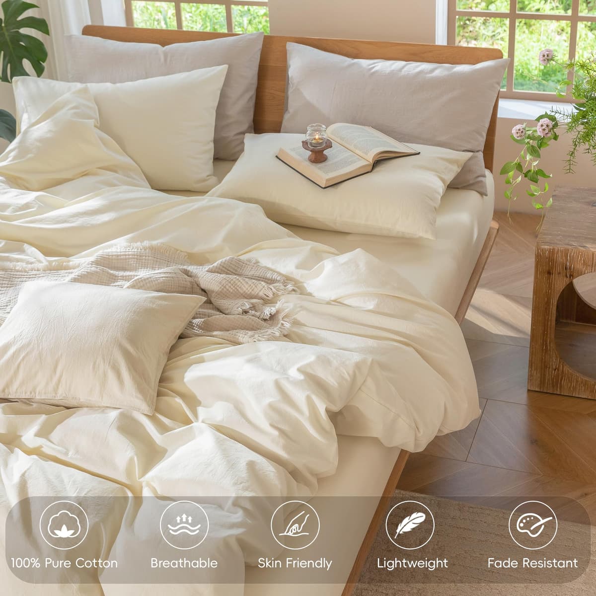 MooMee Bedding Duvet Cover Set 100% Washed Cotton Linen Like Textured Breathable Durable Soft Comfy (Tannish Linen Grey, King) — view 36