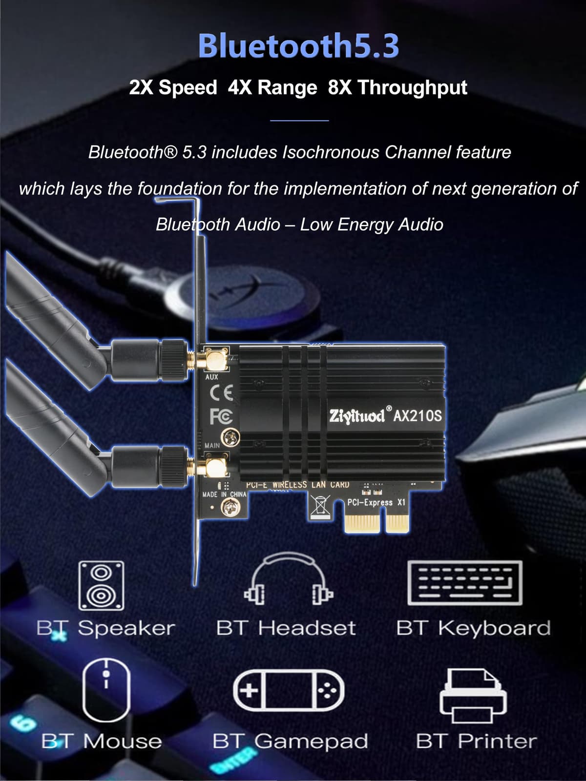 WiFi Card 5400Mbps 6E Wireless WiFi Bluetooth 5.3 PCIe Network Card, Intel WiFi 6E AX210 Chip, 6GHz/5GHz/2.4GHz PCI Express Bluetooth WiFi 6 Card for Desktop/PC Windows 11/10(64Bit) — view 5