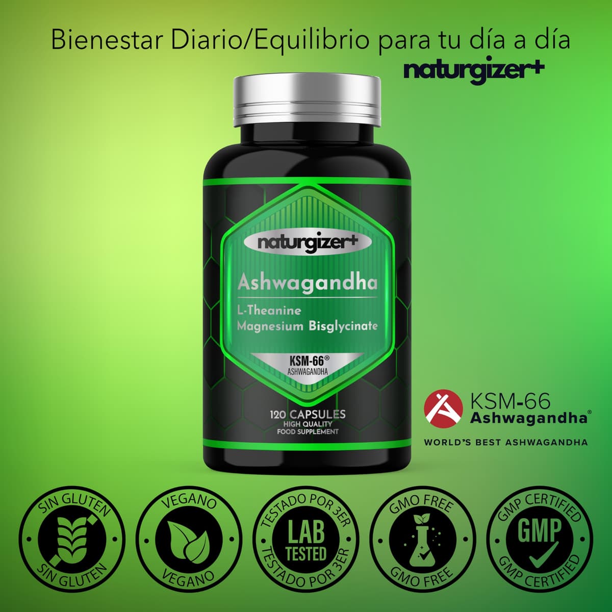 Ashwagandha KSM-66 + L-Theanine + Magnesium Bisglycinate | COMPLEX Formula for Your Daily Wellness Routine | High Purity | 120 Vegan Capsules | Naturgizer+ — view 2