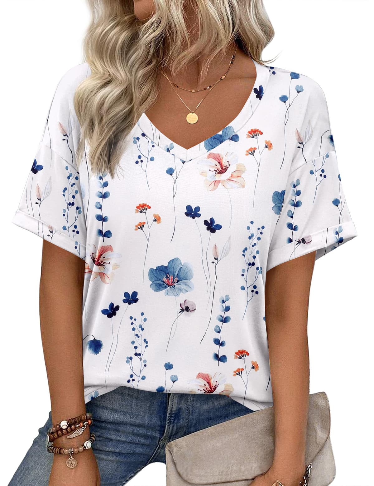 Zeagoo Camiseta básica de manga corta con cuello en V para mujer, para verano, informal, holgada, floral, blusa