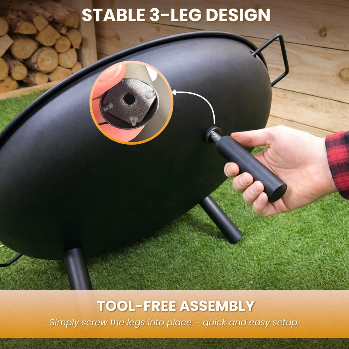 Garden Mile Outdoor Fire Pit Bowl 58cm Large Round Steel Garden Fire Pit with Handles Portable Wood Burning Fire Bowl with 3 Legs Heat Resistant Powder Coated Firepit for Patio, Camping, Bonfire — view 5