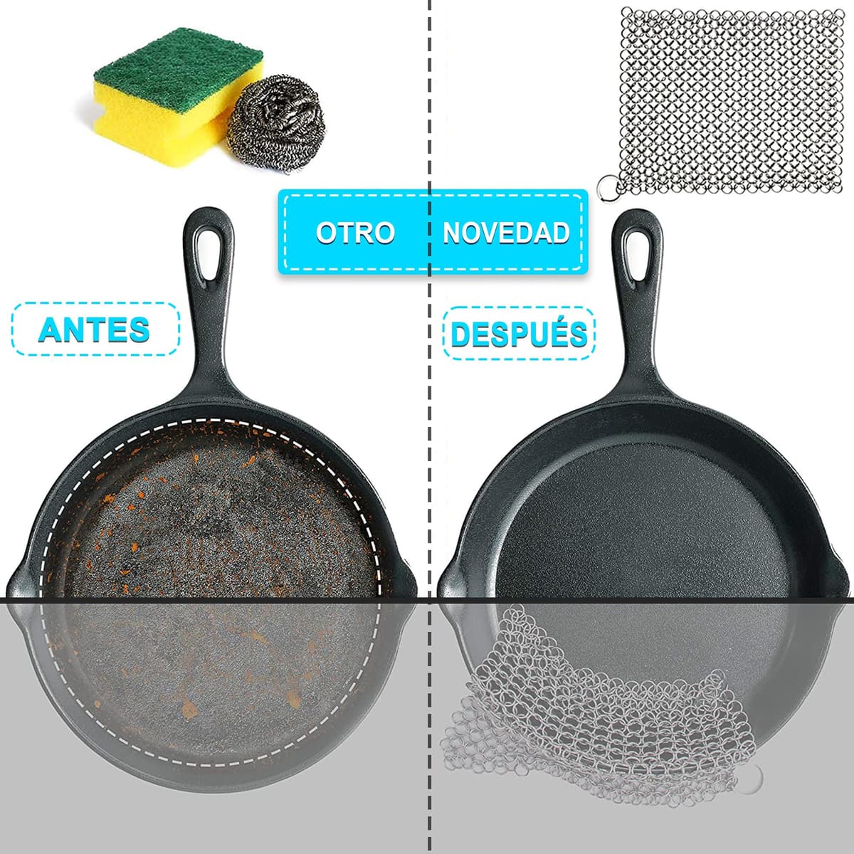Candure Limpiador de Hierro Fundido - Acero Inoxidable de 17 x 17 cm Depurador de COTA de Malla para Todo Tipo de Parrillas, Sartenes, Parrillas y Hornos Holandeses — view 3