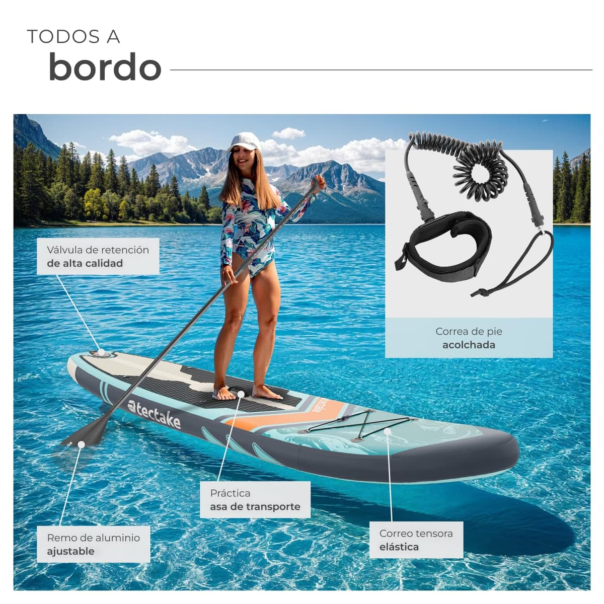tectake® Tabla de Paddle Surf Hinchable, Incluye Remo 2 en 1, Asiento de Kayak, Bomba de Aire, Mochila de Transporte, Stand Up Paddle, Accesorios Paddle Surf, Tabla Hinchable — view 3