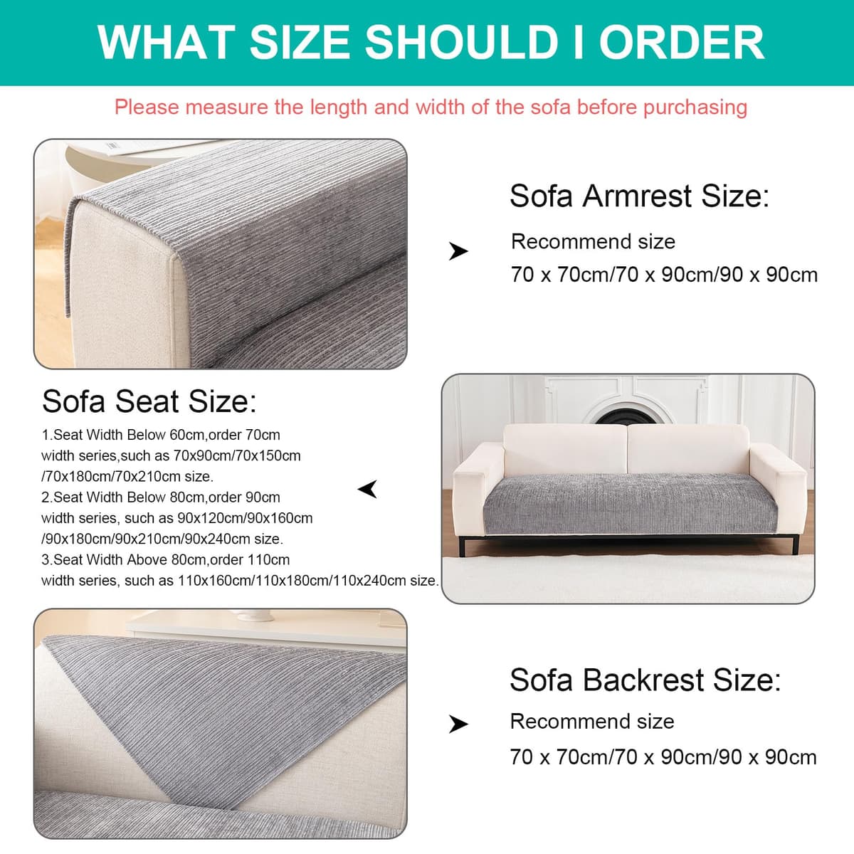 SHANNA Chenilla Suave Funda Sofa Chaise Long 1 2 3 4 Plazas Protector Cubre Sofa, Nuevas Antideslizantes Universales Fundas de Sofá con Textura Gruesa Sólida para Sala de Estar (Gris, 90 * 90cm) — view 3