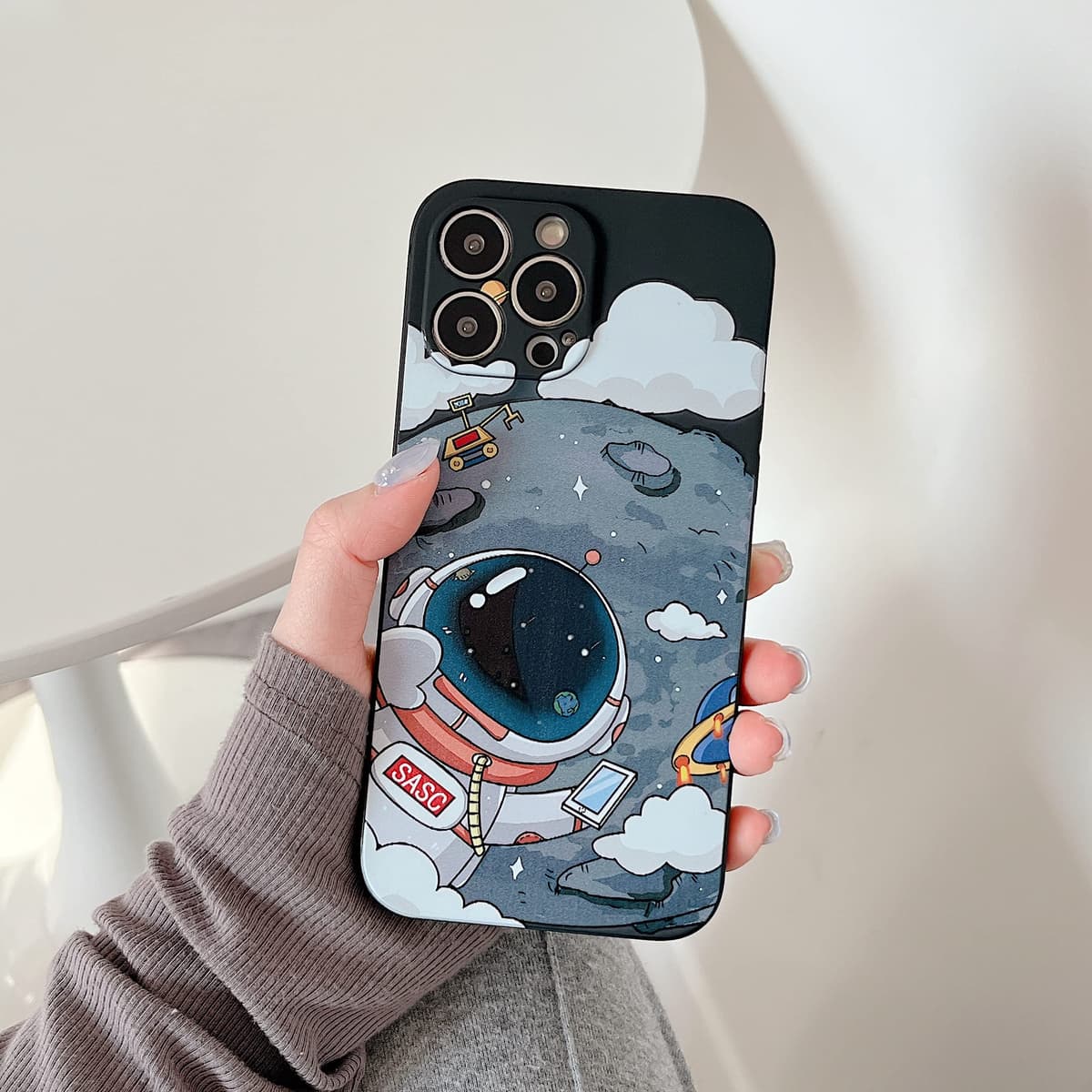 Yonds Queen for iPhone 12 Cute Case, Cool Cartoon Astronaut Planet Moon Space Design Stylish Soft TPU Bumper Shockproof Anti-Slip Protector Fashion Case (iPhone 12, Black Moon) — view 4