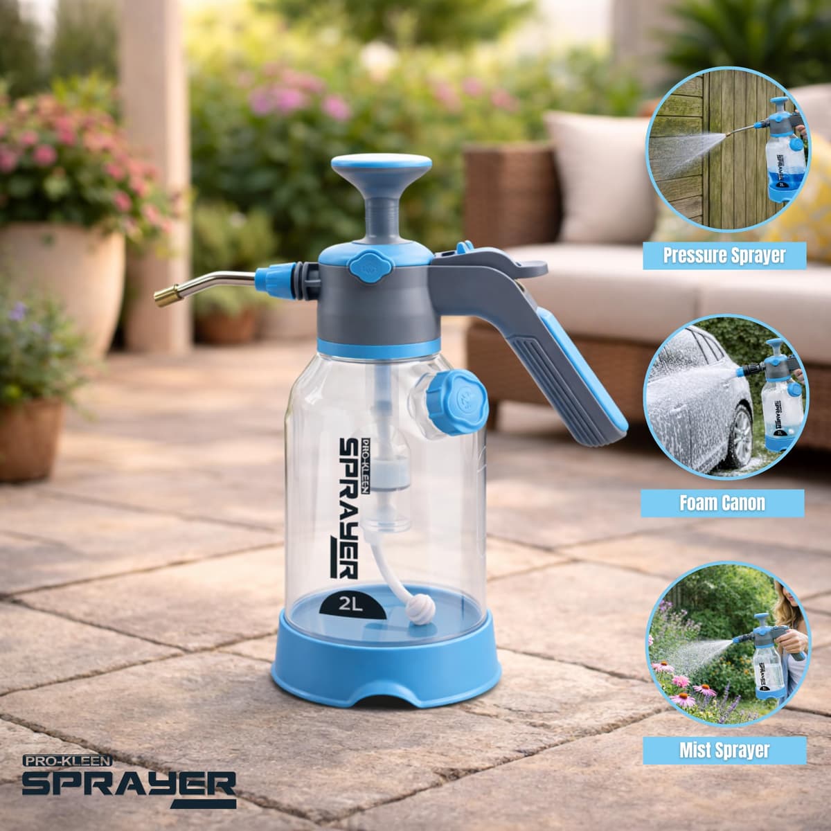 Pro-Kleen 2L Hand Pump Sprayer, Snow Foam Spray Bottle with 3 Adjustable Nozzles for Car Wash, Valeting, Garden, Plants, Patio, Home and Outdoor Cleaning — view 4