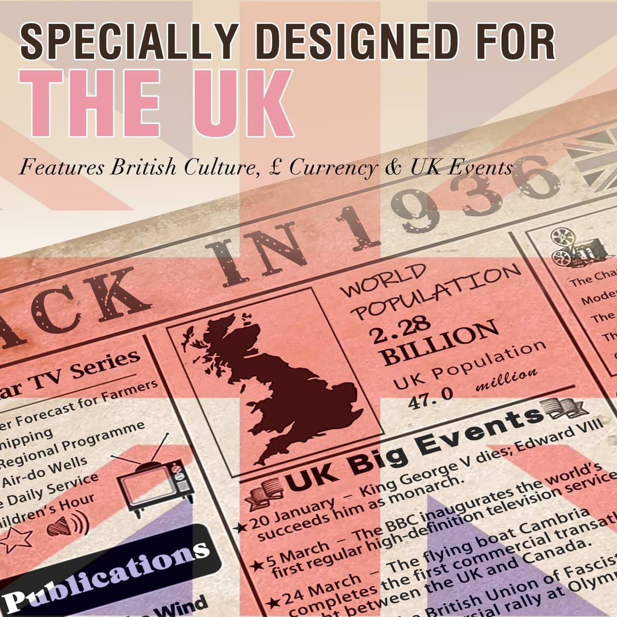 back in 1936 90th Birthday Gifts for Women - Large Trifold 90th Birthday Card & Table Centrepiece - Pink 90 Year birthday Decorations for Mum Grandma Nan - 1936 Poster No Frame Needed — view 2