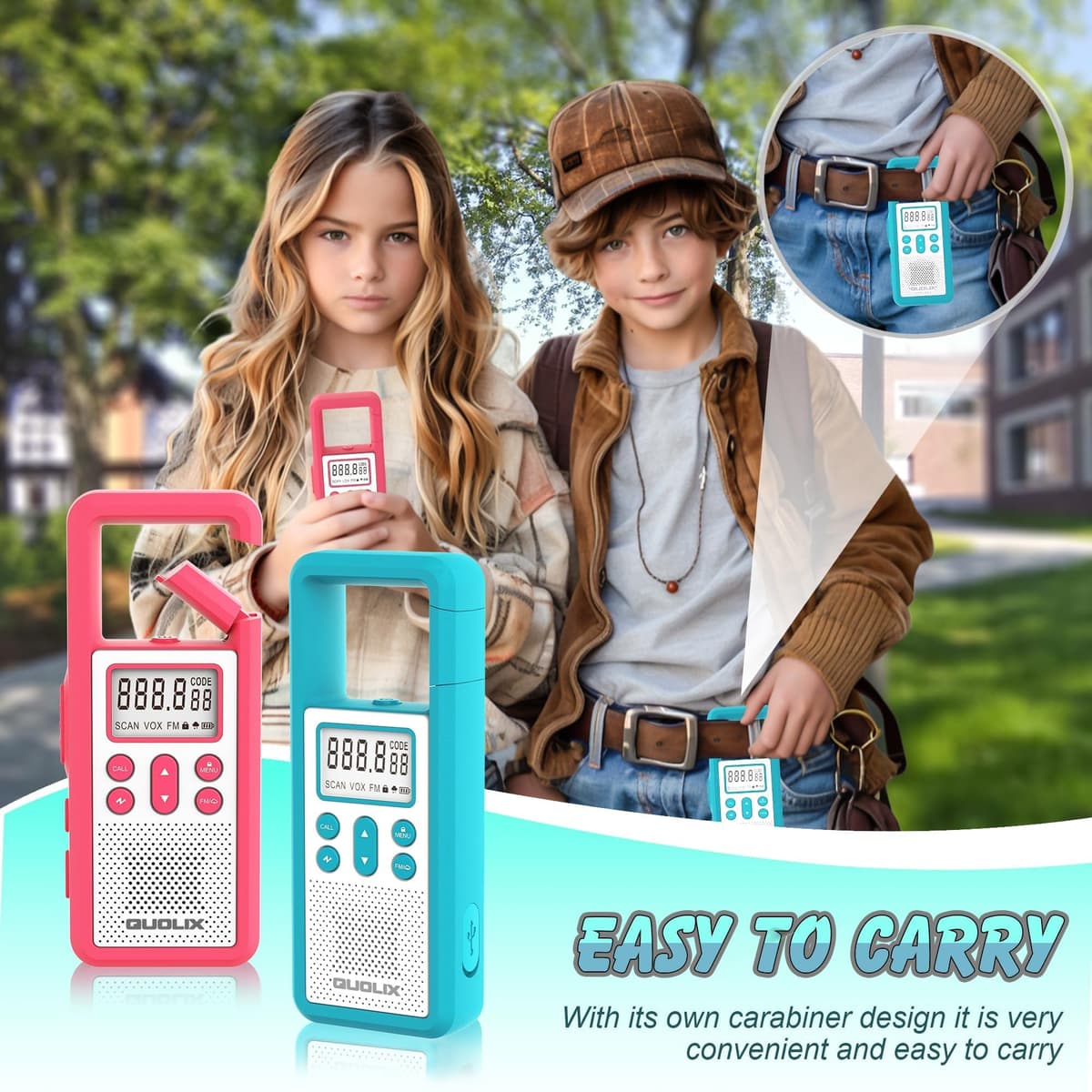 Walkie Talkie Largo Alcance, QUOLIX 4pcs Profesional USB Recargable con Batería Incorporada 8 Canales Radio - Fácil Emparejamiento Alerta SOS Activado por Voz VOX LED Linternas para Adultos Niños — view 3