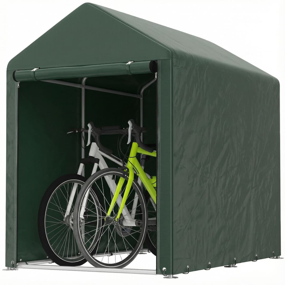 Outsunny Carpa de Jardín Exterior para Herramientas Bicicletas 1,2x1,8x1,65 m, Cobertizo Exterior con 2 Habitaciones, Puerta Enrollable con Cremallera, Impermeable Anti-UV, Garaje Portátil, Verde