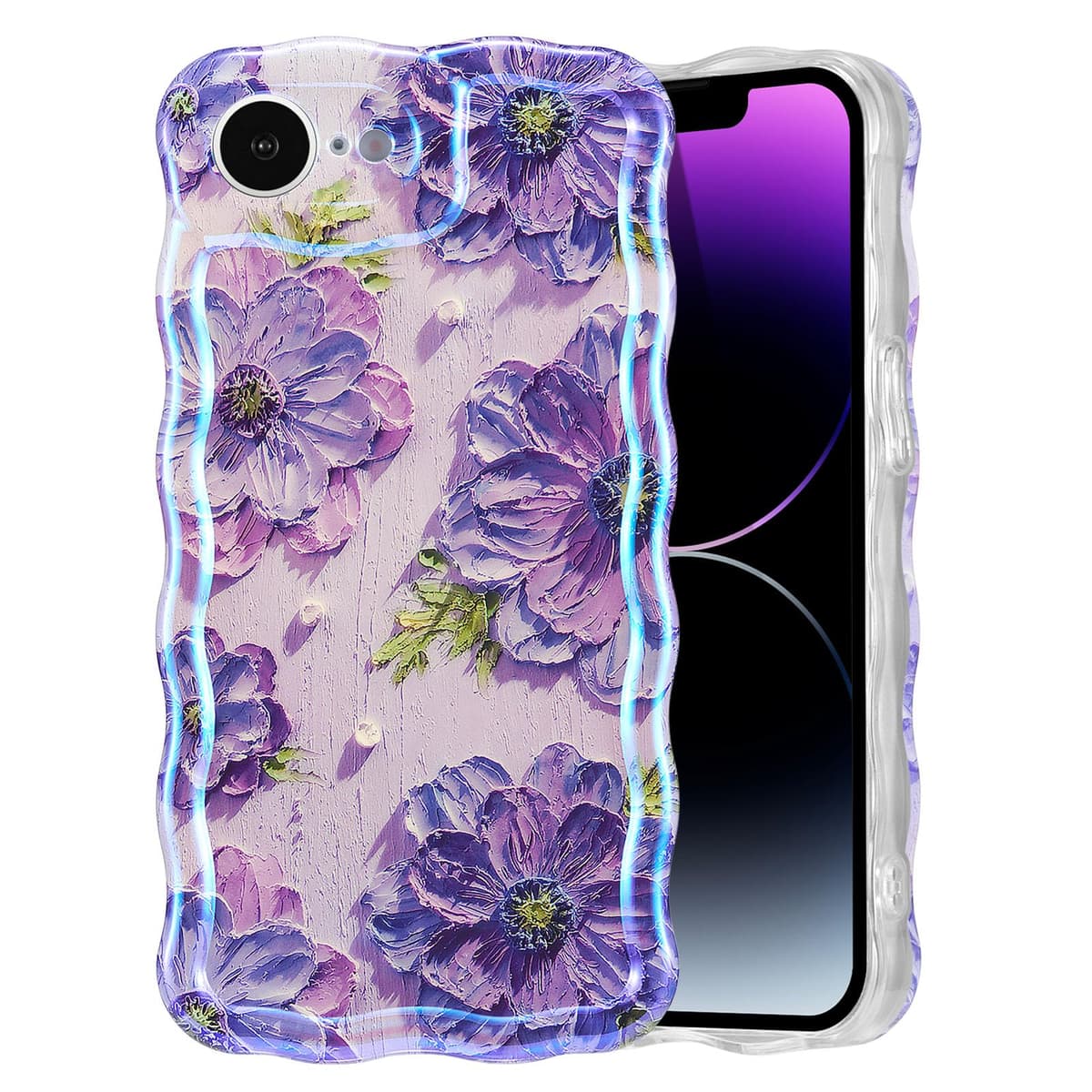 EYZUTAK Case for iPhone 16, Colorful Retro Oil Painting Printed Flower Laser Glossy Pattern Cute Curly Wave Edge Exquisite Phone Cover Stylish Durable TPU Protective Case for Girl Women-Green — view 68
