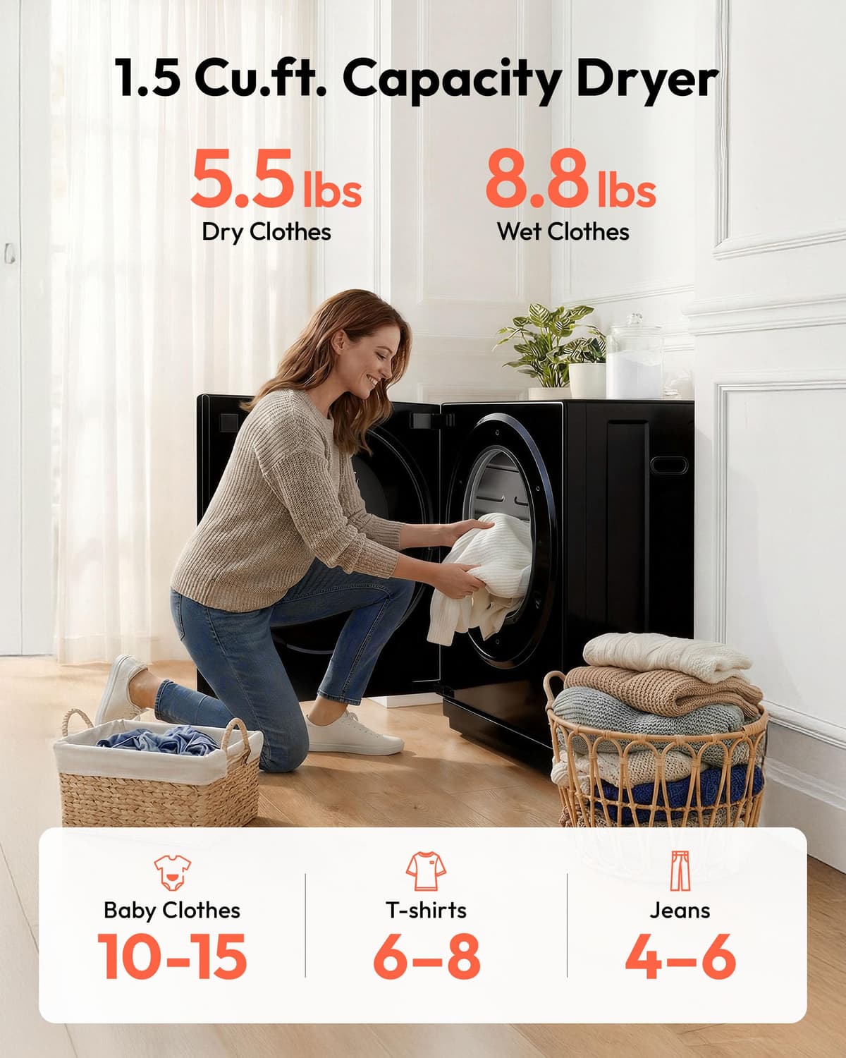 EUHOMY 1.5 Cu.ft Portable Dryer with 4 Drying Programs, 5.5lbs Clothes Capacity, Mirror Finish & LCD Panel, 850W Portable Clothes Dryer for Apartment, Dorm & RV, Black & White — view 4