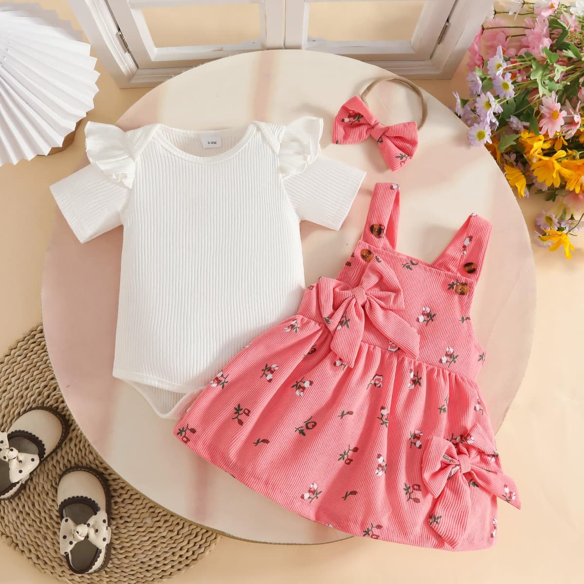 Conjuntos Falda Para Niña Recién Nacida Blusa de Manga Corta y Falda con Tirantes y Lazo Ropa de Verano Para Niña Bebé — view 3
