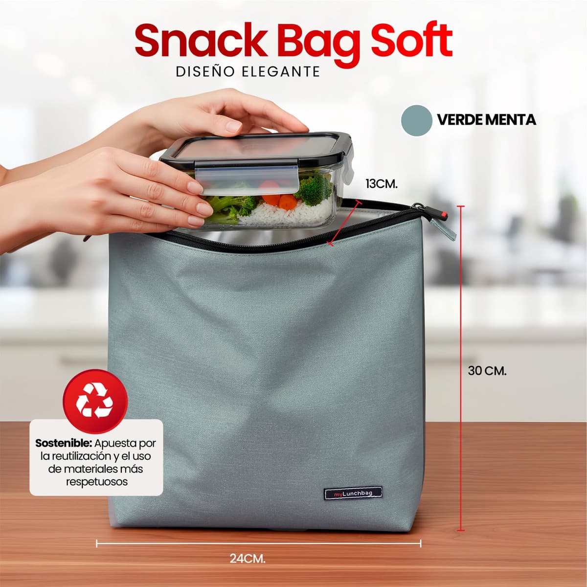 Iris Barcelona - Snack Bag Plegable 2,75 L - Bolsa Térmica Porta Alimentos Compacta 24x13x30 cm con Goma Ajustable para Bocadillo, Fiambrera, Merienda | Lunch Bag Ideal para Trabajo y Viajes | Mint — view 5