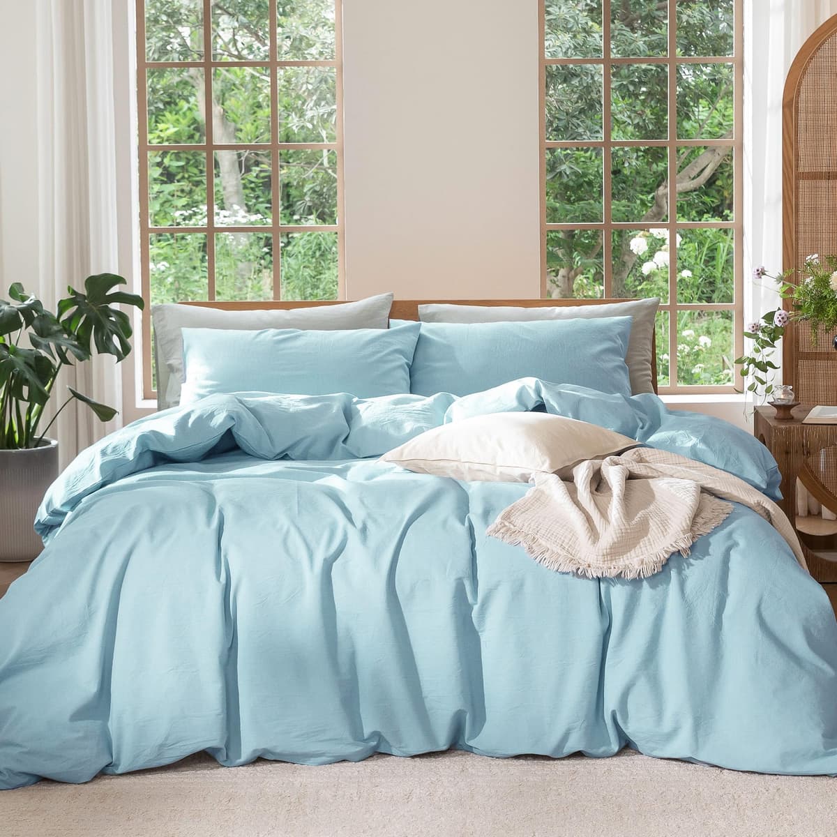 MooMee Bedding Duvet Cover Set 100% Washed Cotton Linen Like Textured Breathable Durable Soft Comfy (Tannish Linen Grey, King) — view 41