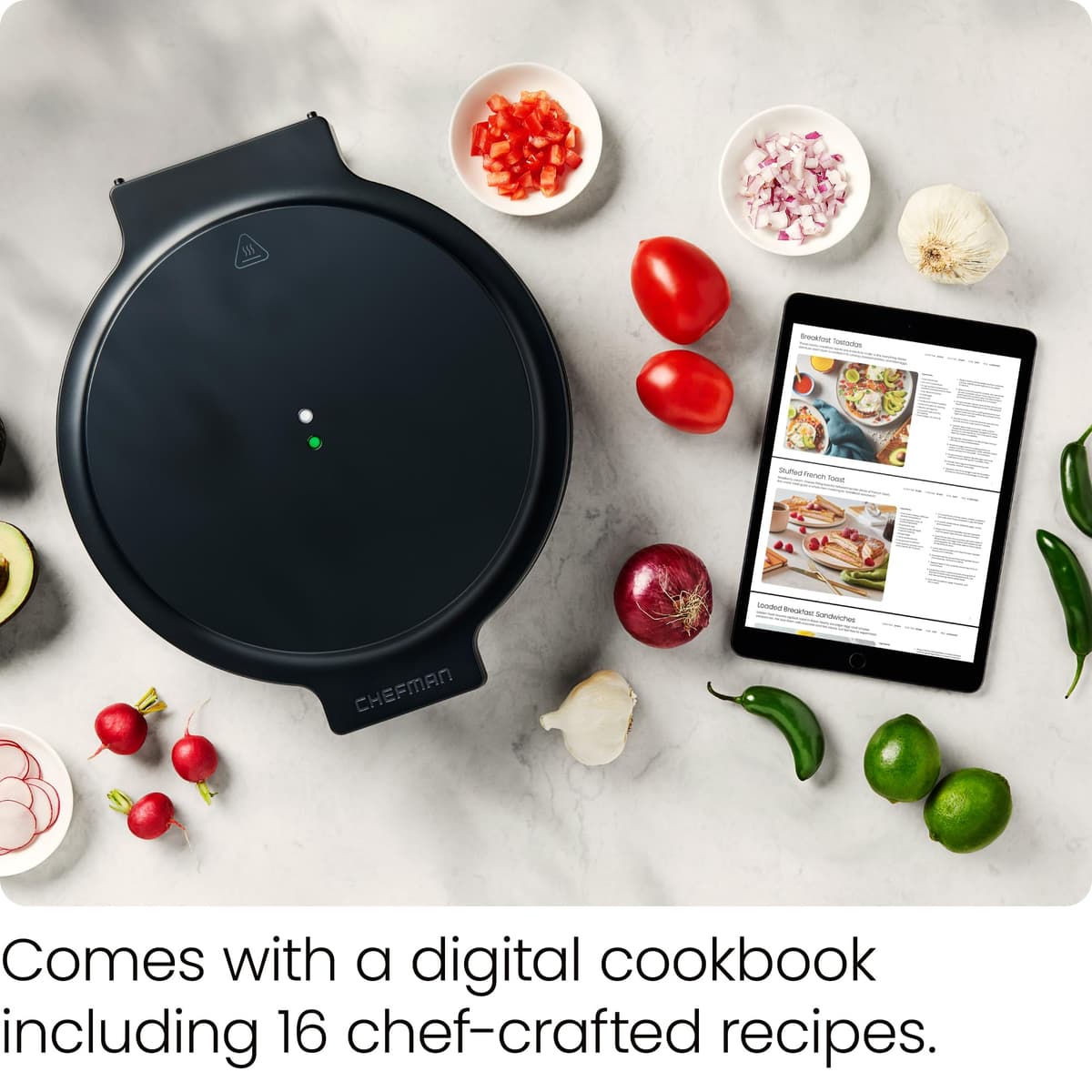 Chefman Everything Maker, 30cm Pizza Oven, Omelette Maker Non Stick Pan, 1570W, 220C High Heat, Digital Cookbook Included, LED Power Indicator Lights and Vertical Storage — view 4