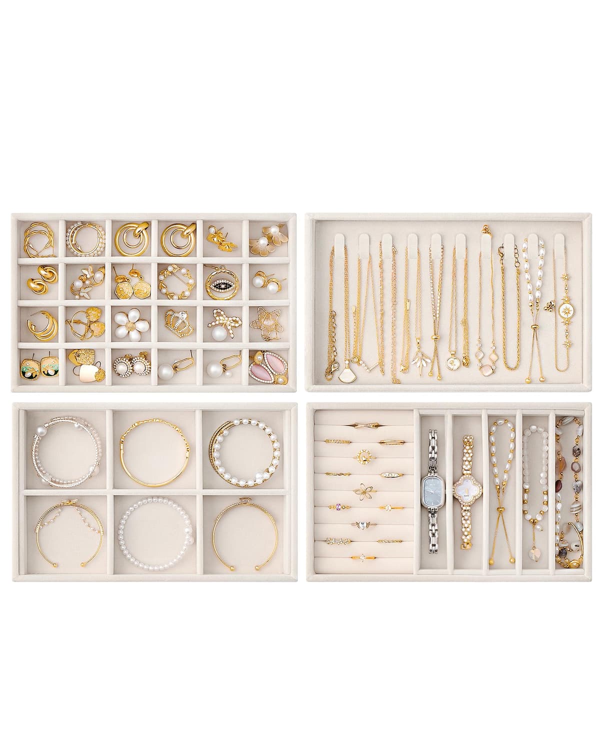 Lolalet Insertos para Cajón de Joyas, Bandejas Apilables de Terciopelo, Juego de Organizadores y Expositores para Collares, Pulseras, Aretes, Anillos, Cadenas, Brazaletes, Relojes - Beige, Juego de 4