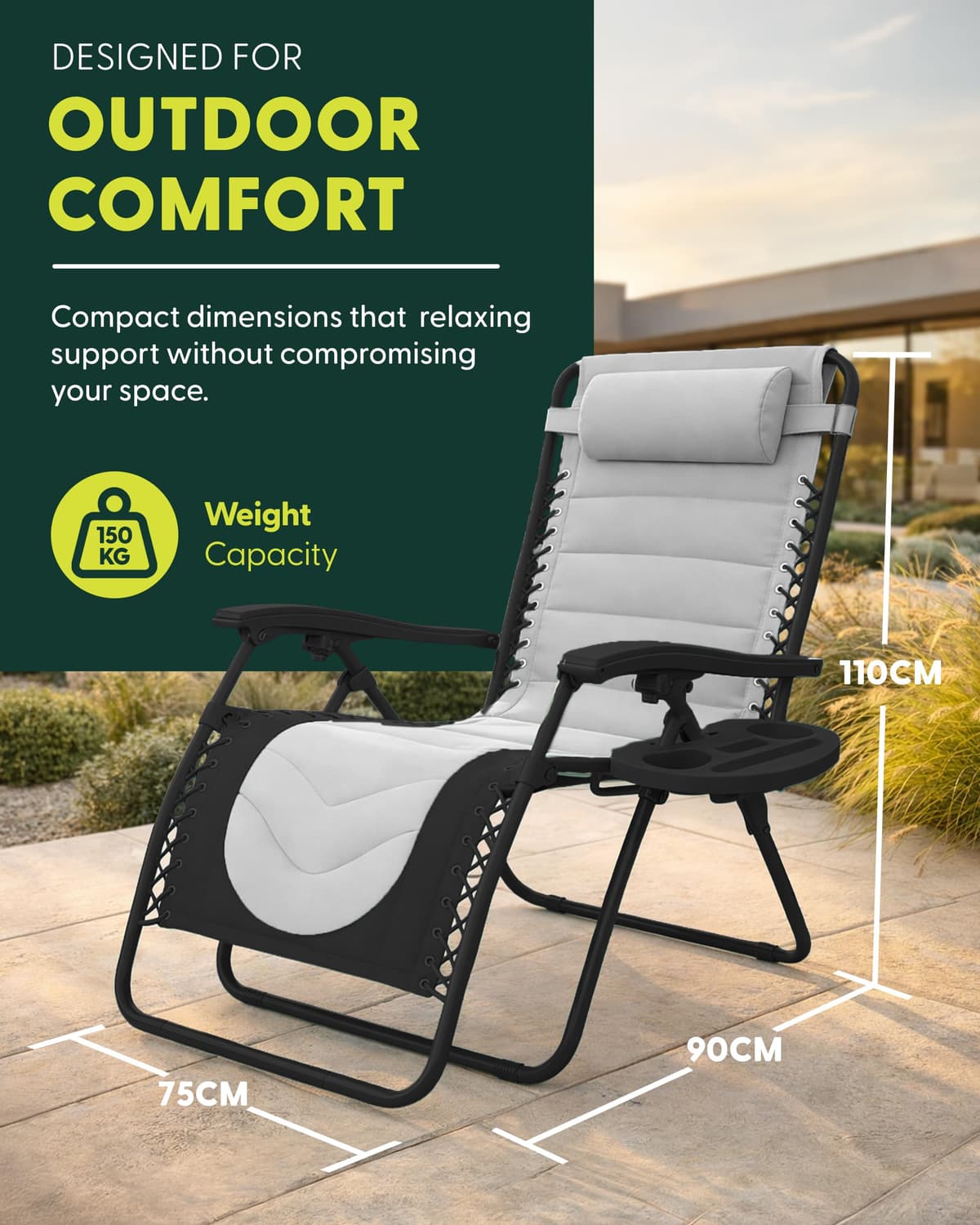 KEPLIN Set of 2 XXL Premium Heavy Duty Padded Two Tone Zero Gravity Chairs - Luxurious Garden Recliners, Adjustable Headrest, Cup & Phone Holder, Foldable, Patio Sun Loungers - 150kg Weight Capacity — view 3