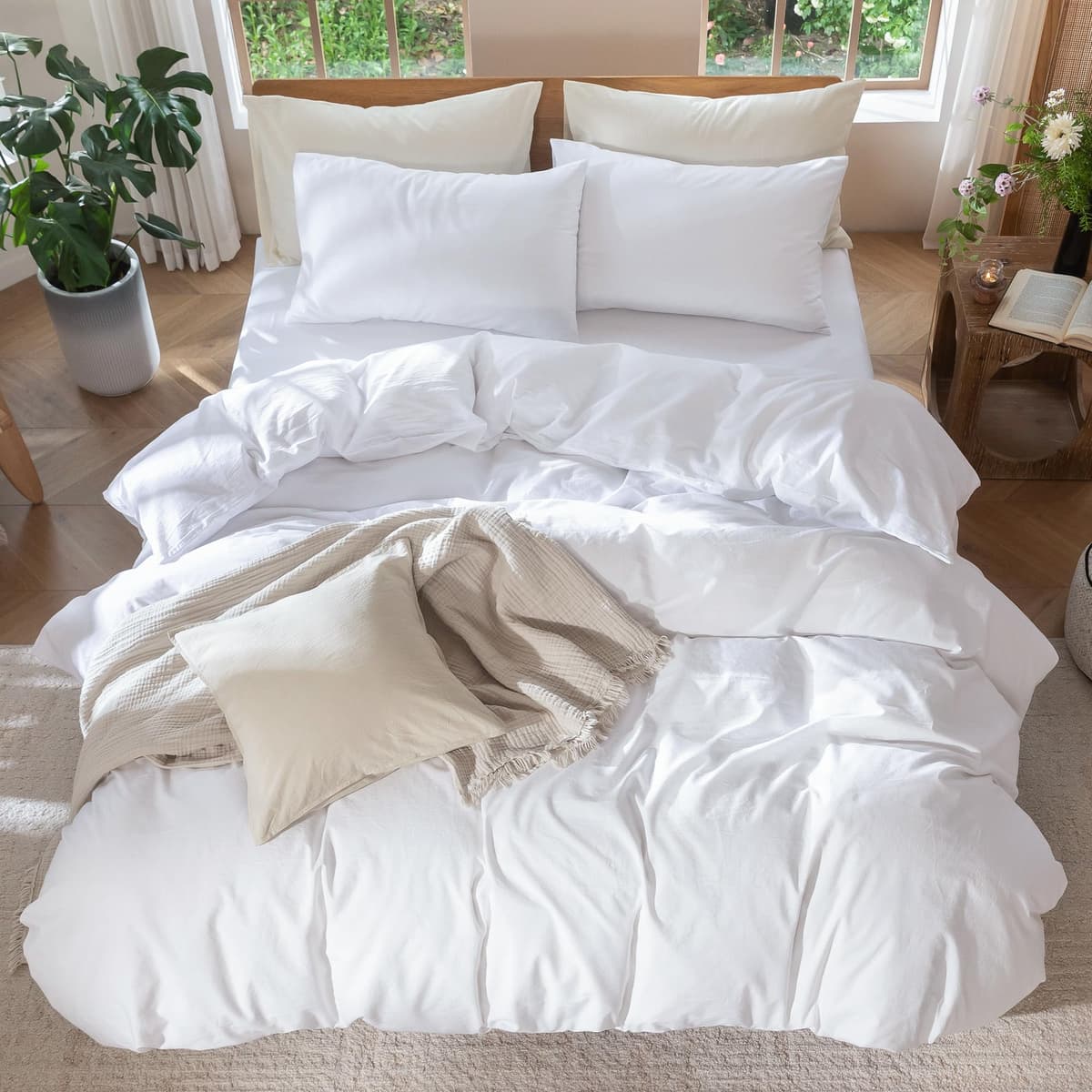 MooMee Bedding Duvet Cover Set 100% Washed Cotton Linen Like Textured Breathable Durable Soft Comfy (Tannish Linen Grey, King) — view 198