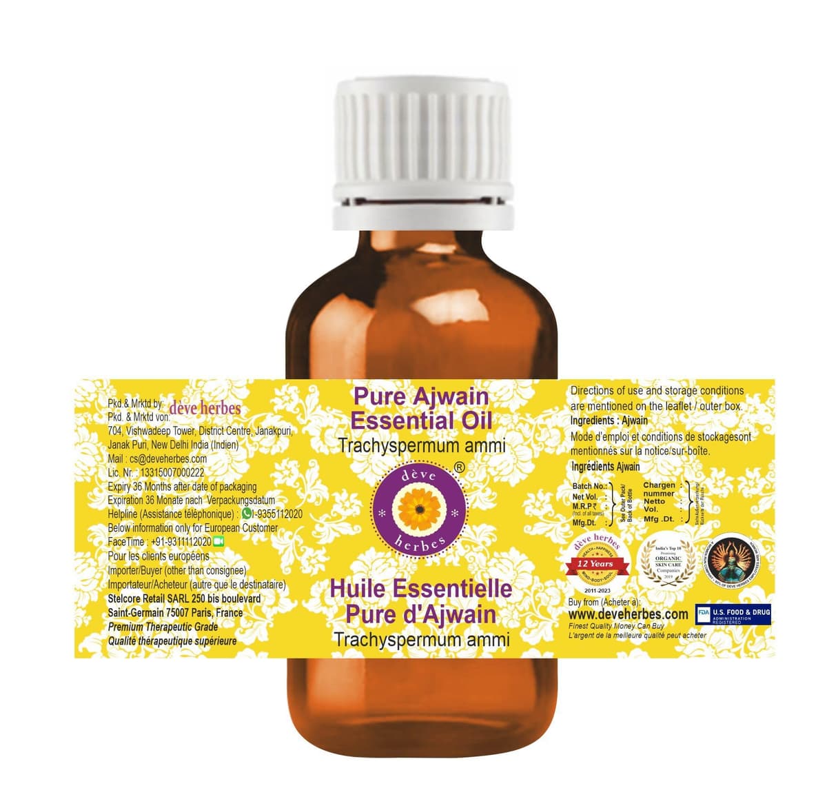 Deve Herbes Pure Ajwain Essential Oil (Trachyspermum ammi) Non-Sticky | Non-Greasy | Strong Herbal Aroma | for Aromatherapy, Massage & DIY Use 50ml — view 2