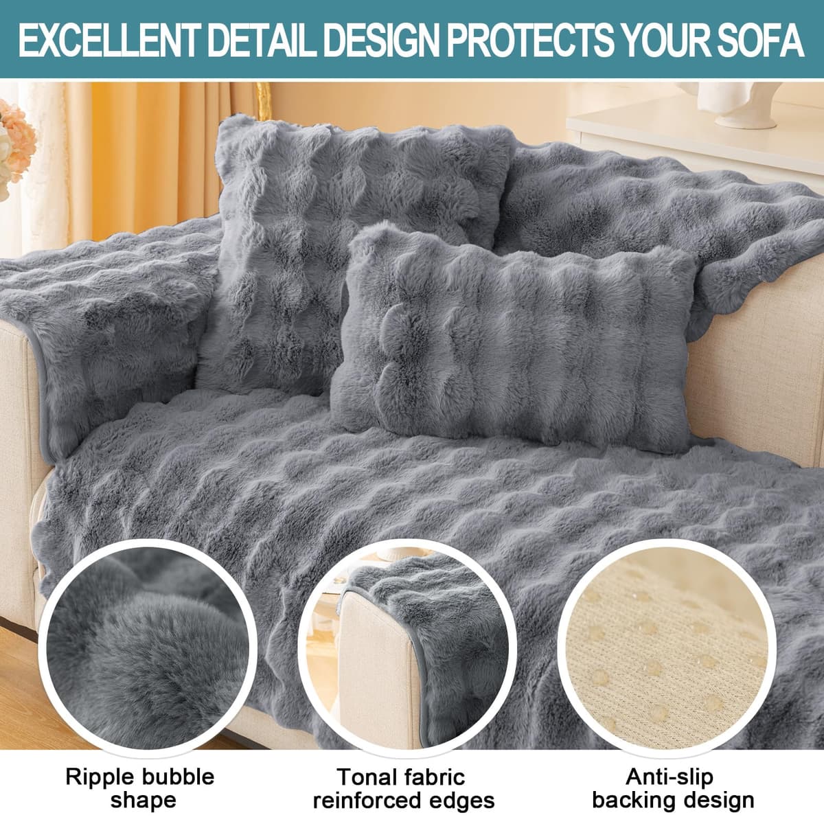 SHANNA Thick Rabbit Plush Sofa Cover 1 2 3 Seater, New Universal Non-Slip Corner Sofa Cover L Shape Super Soft Faux Fur Sofa Slipcovers for Living Room(Grey, 70 * 180cm Seater Cover) — view 2