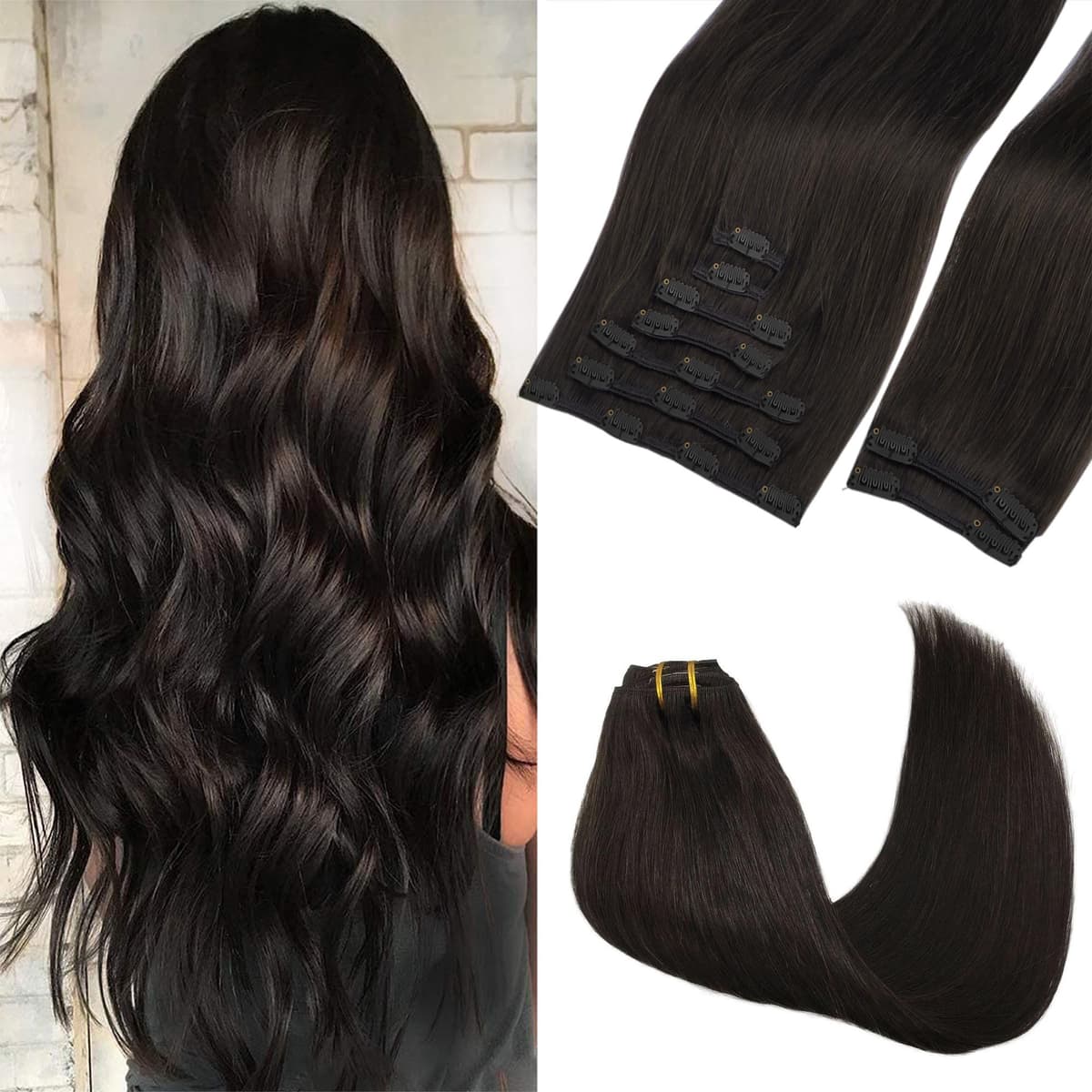 GOO GOO Clip in Hair Extensions Human Hair, 18inch 150g 9Pcs, #2 Dark Brown, Hair extensions for women, Human Hair Extensions Clip in — view 59