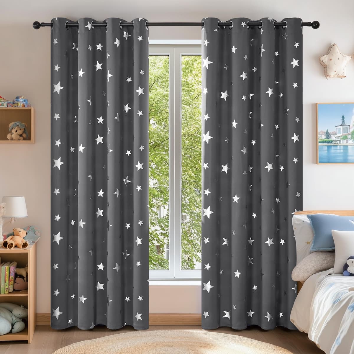 Deconovo Navy Blue Curtains for Living Room Super Soft Thermal Insulated Star Foil Printed Eyelet Blackout Curtains 46 x 54 Inch 2 Panels — view 31