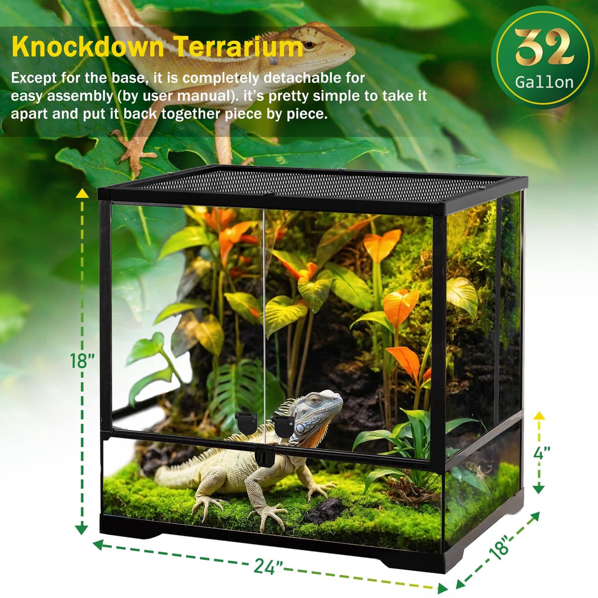 32 Gallon Professional Glass Terrarium 24"x18"x18" Durable Reptile Habitat Tank with Heat Resistant Aluminum Alloy Frame, Dual Front Swinging Doors for no Jam by Sand and Other Debris — view 2