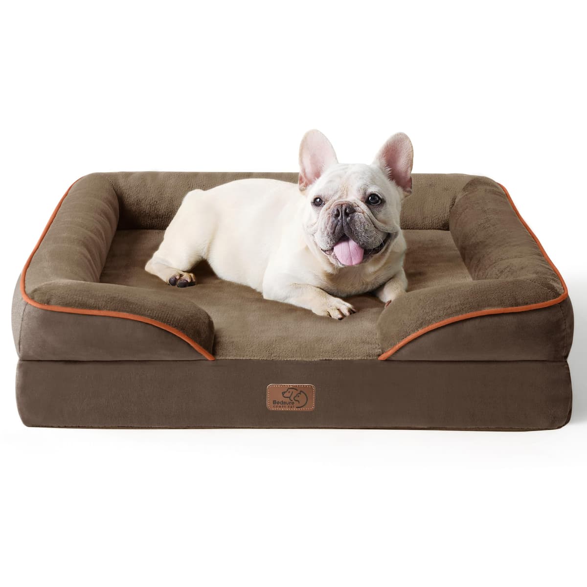 Bedsure Medium Dog Sofa Bed - Washable Orthopedic Dog Beds and Couch with Removable Flannel Zipper Cover, Puppy Beds for Small Dogs, Brown Pet Bed, 71x58x16cm