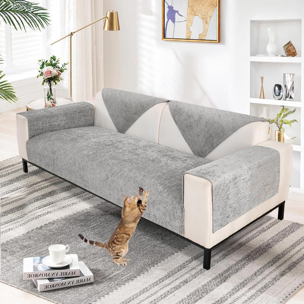 SHANNA Chenilla Suave Funda Sofa Chaise Long 1 2 3 4 Plazas Protector Cubre Sofa, Nuevas Antideslizantes Universales Fundas de Sofá con Textura Gruesa Sólida para Sala de Estar (Gris, 90 * 90cm)