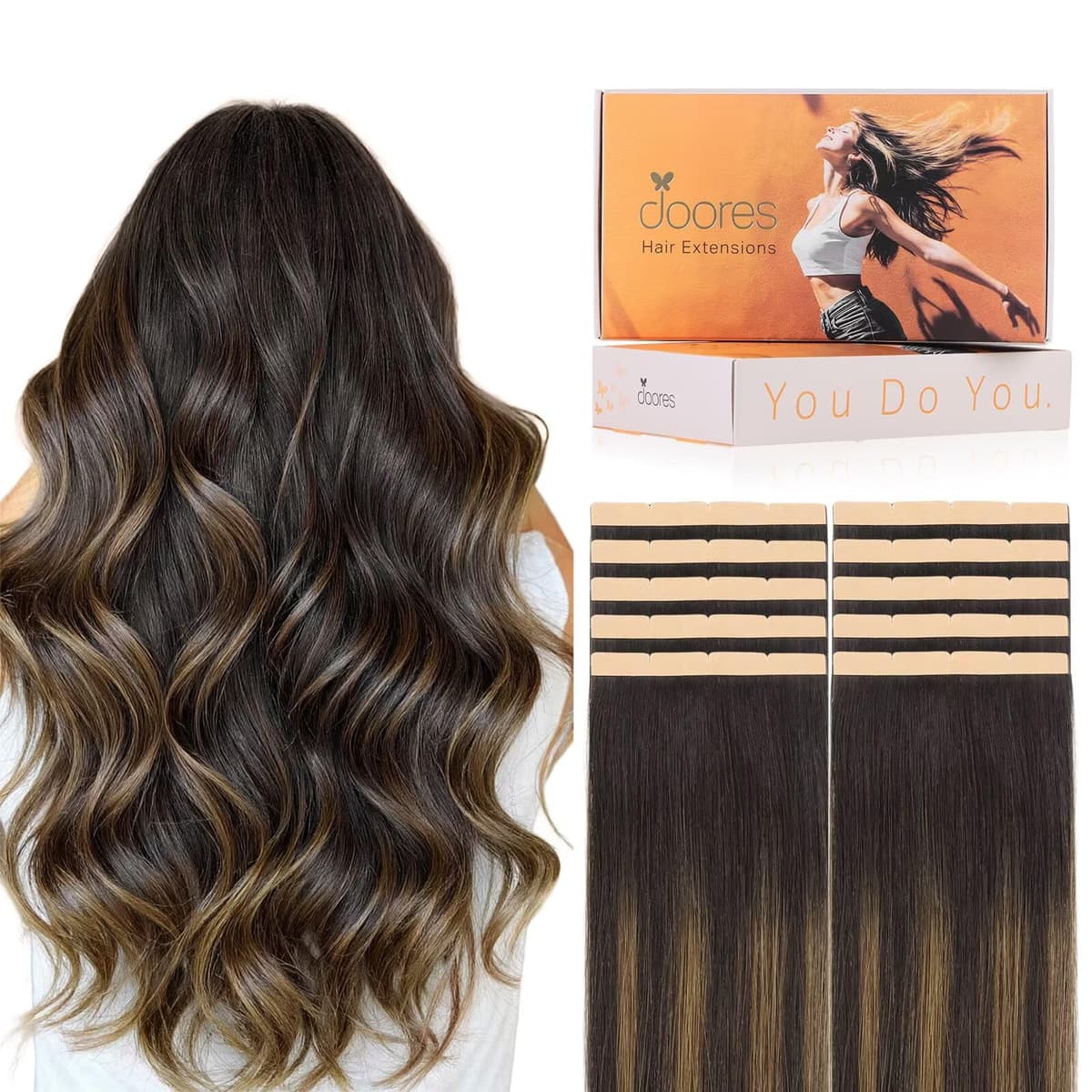 DOORES Tape in Hair Extensions Human Hair, Balayage Dark Brown to Chestnut Brown 50g 20pcs 18 Inch, Human Hair Extensions Natural Remy Straight Skin Weft — view 51