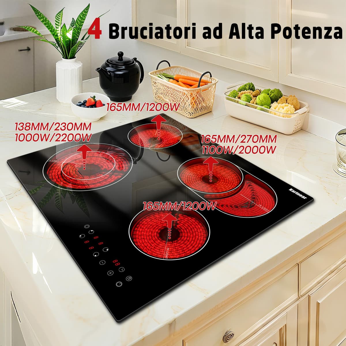 Karinear Placa Vitrocerámica 4 Fuegos, 60cm Placa Cocina con a Ampliar Placa Cocción Eléctrica, Vitroceramica Encastrable 6600W, Control Temporizador, Sin Enchufe — view 3