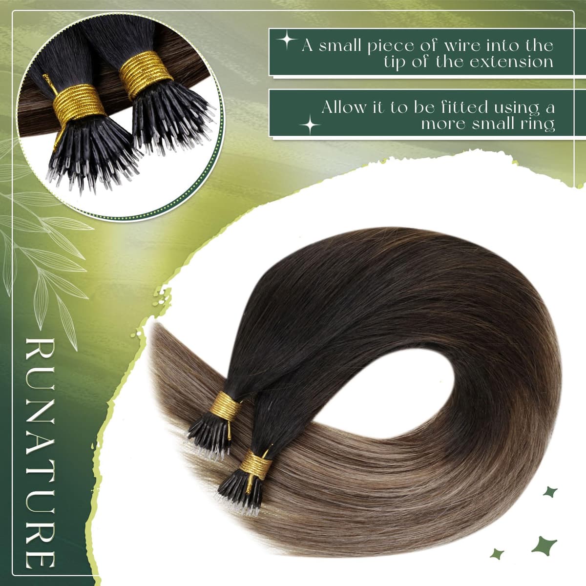 RUNATURE 18 Inch Nano Hair Extensions Real Human Hair Black Balayage Brown Nano Beads Hair Extensions Real Human Hair Ombre Blonde Invisible Straight Remy Nano Rings Hair 50g 50s #1b/4/27 — view 3