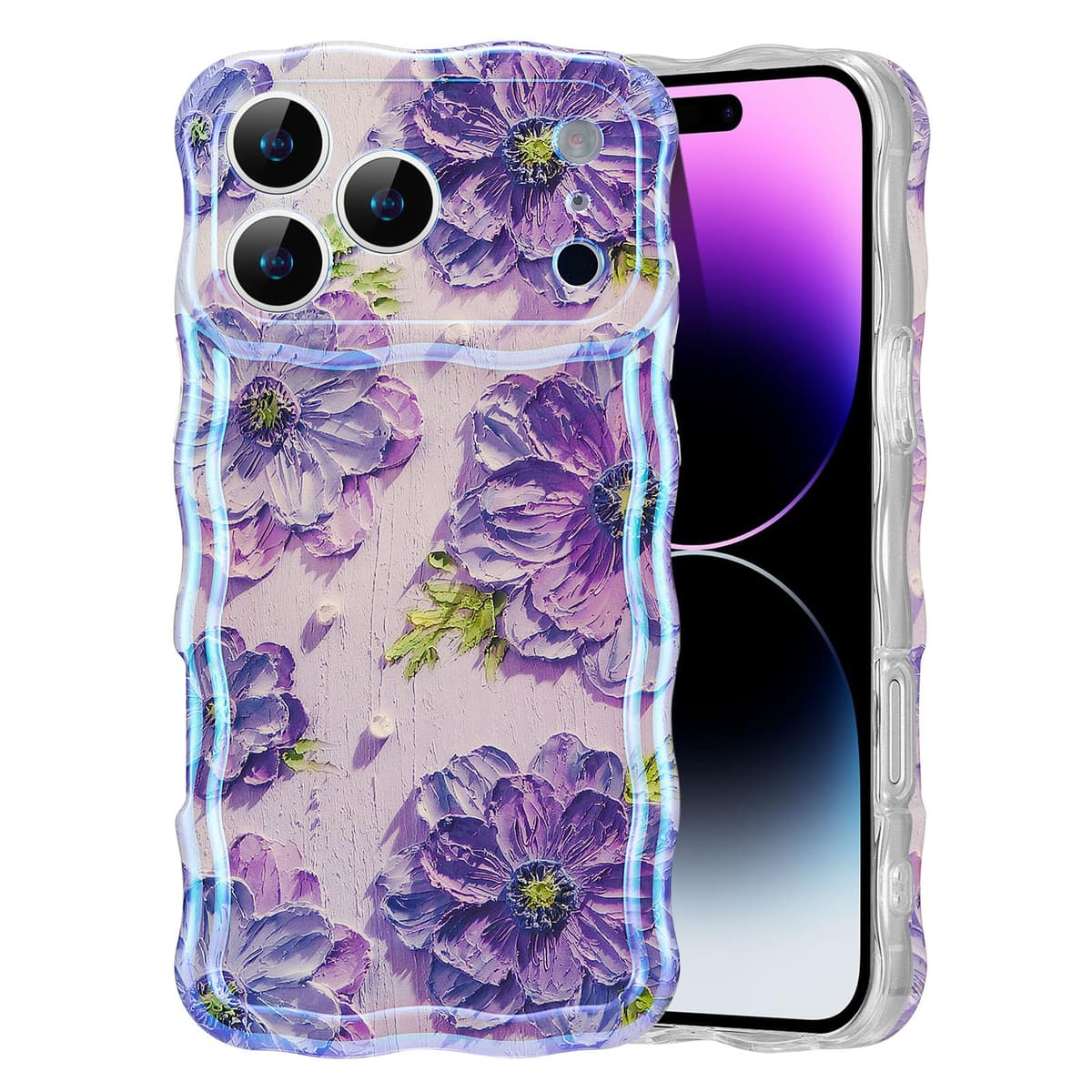 EYZUTAK Case for iPhone 16, Colorful Retro Oil Painting Printed Flower Laser Glossy Pattern Cute Curly Wave Edge Exquisite Phone Cover Stylish Durable TPU Protective Case for Girl Women-Green — view 77