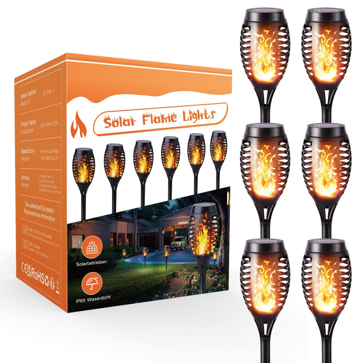 Geemoo 6 Pack Solar Flickering Dancing Flame Lights Waterproof Solar Torch Lights for Outdoor Garden Patio Pathway Yard Driveway Decorative, Warm White — view 8