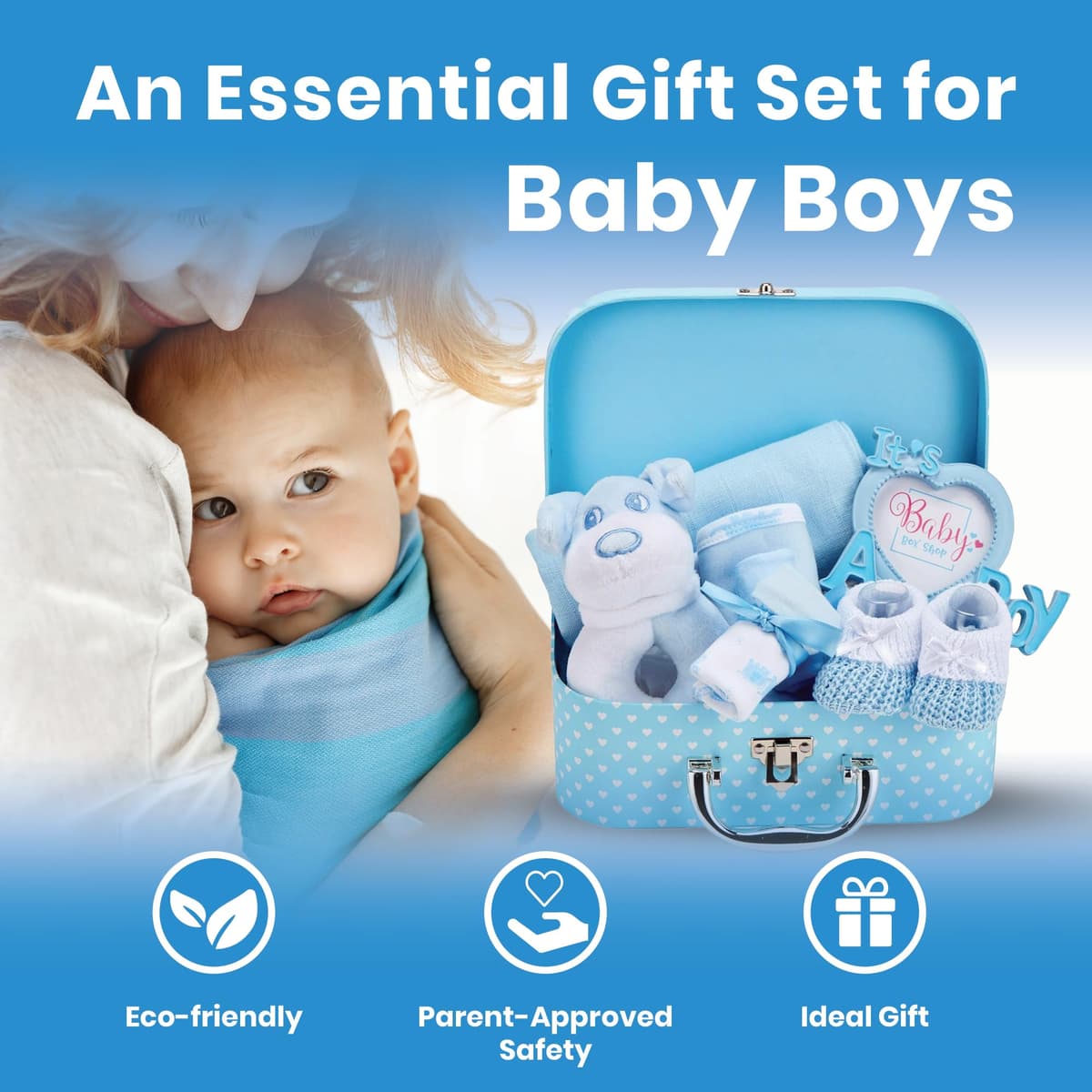 Baby Box Shop Newborn Baby Boy Gift Set Premium Gift-Ready Hamper with Rattle, Photo Frame, Muslin Cloth & Newborn Essentials in a Blue Keepsake Box - Ideal as Baby Shower Gifts for New Born Boys — view 2