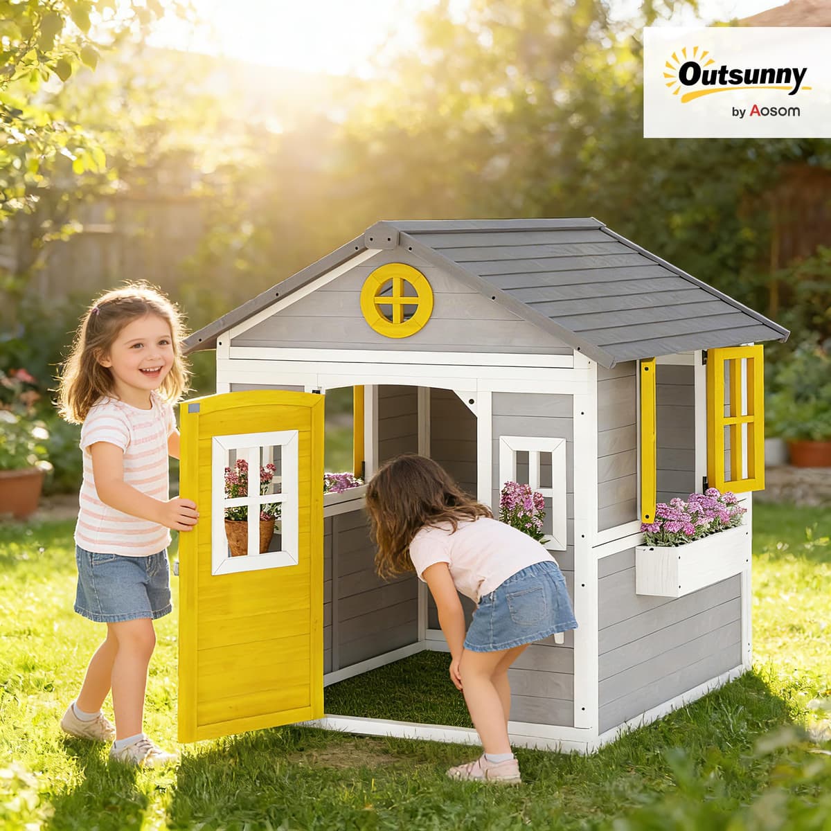 Outsunny Casita Infantil Exterior e Interior de Madera, Casita Infantil con Puerta, Ventanas, Jardineras y Soportes de Flores, Casa de Jardín para Niños de 3-8 Años, Gris — view 2