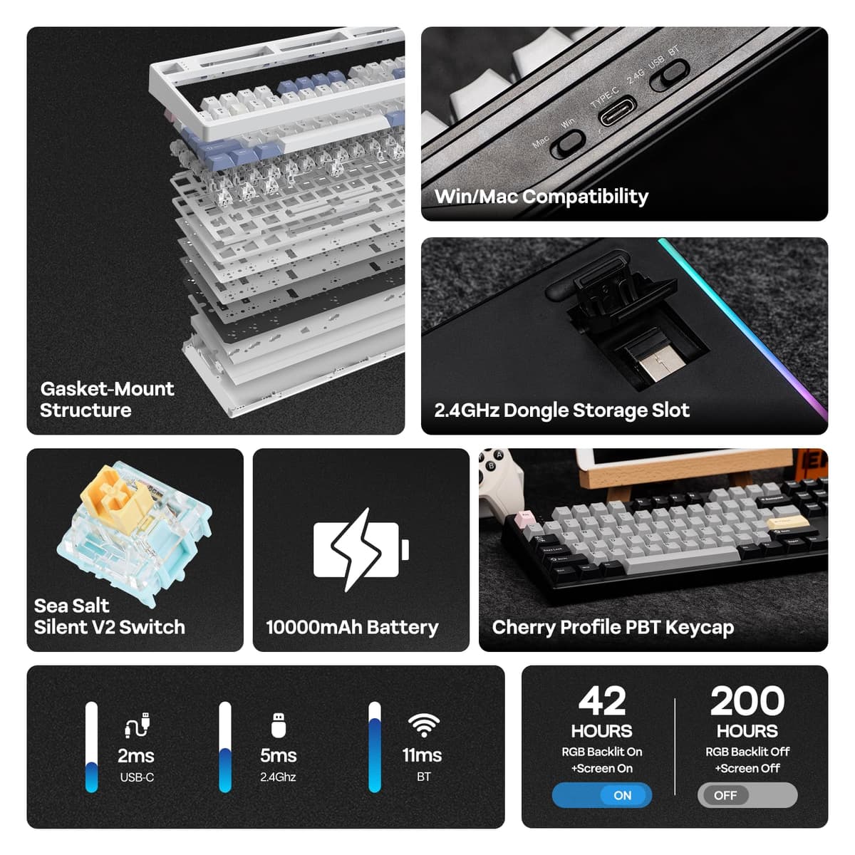 EPOMAKER TH108 Pro Teclado Mecánico Inalámbrico para Juegos de Tamaño Completo con Pantalla y Perilla, 10000mAh, Gasket Cremosa, Hot Swap, Controlador Personalizado, RGB (Negro, Sea Salt Silent) — view 2
