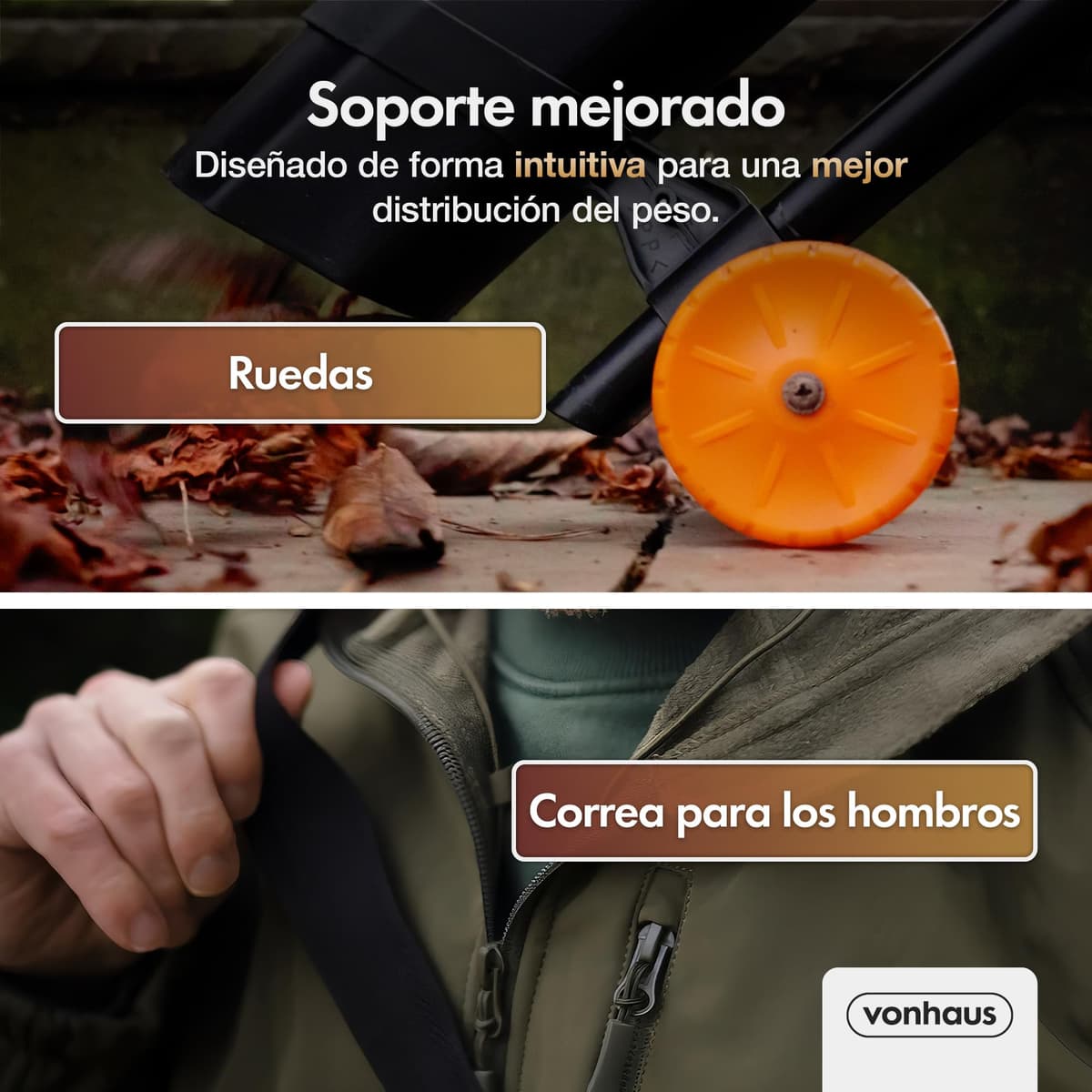 VonHaus Soplador Aspirador de Hojas Ligero de 3000W – Sopladora Aspiradora de Hojas de Jardín, Patio, Canalones, Caminos y Más, Correa de Hombro, Ruedas, Bolsa de Recogida de 35L 10:1 (Negro) — view 4