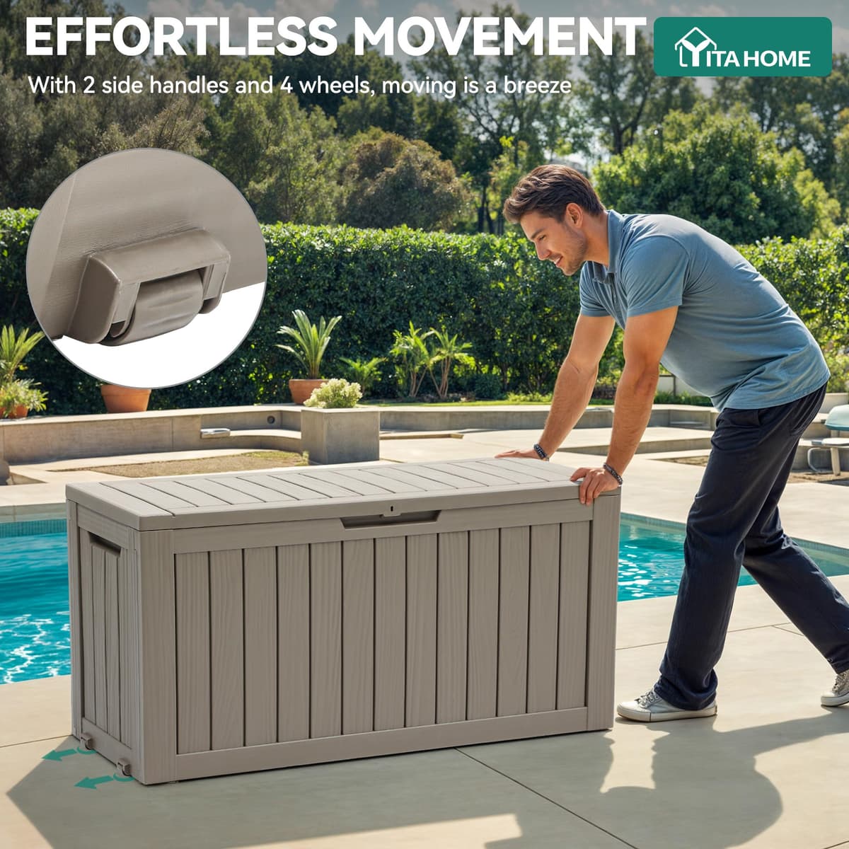 YITAHOME Outdoor Storage Box with Wheels, 270L Plastic Deck Box, Waterproof Garden Chest for Cushions, Tools & Pool Supplies, Lockable, Faux Woodgrain, 114.7 x 46.5 x 57.6 cm, Light brown — view 4