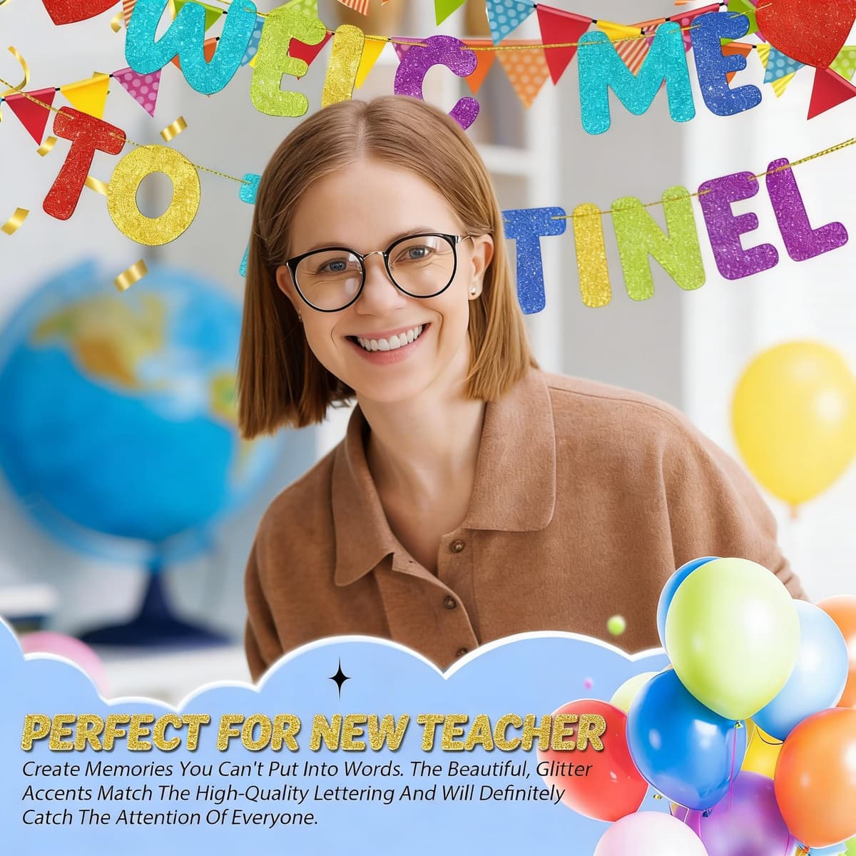 Pre Strung Welcome to The Team Banner with Two Heart Signs, NO DIY, Glitter Welcome Party Supplies for New Employee, Coworker, Colleague, Staff, Team Member Office Decorations (Colorful) — view 5
