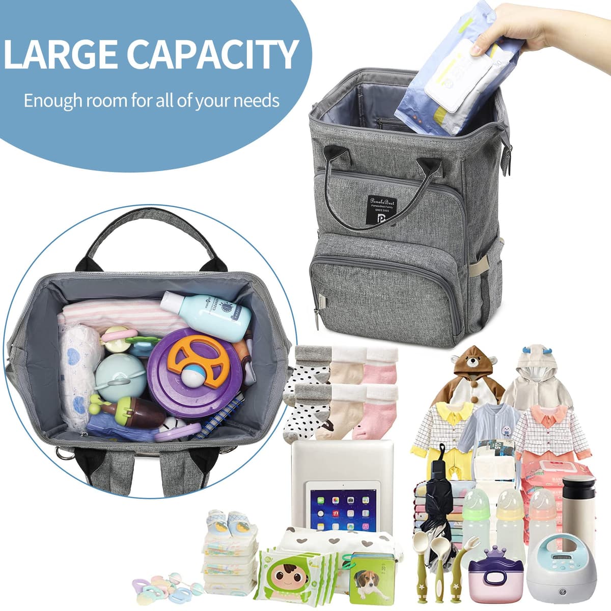 Pomelo Best Baby Changing Backpack Stylish Multifunctional Large Nappy Baby Bag with Changing Mat and Stroller Straps — view 2