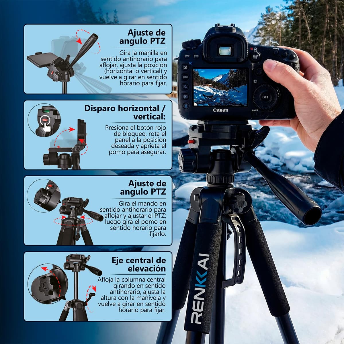182CM | Tripode Camara | Super Estable | tripode para movil | Tripode con Columna Transversal | Tripod | Soporte para telefono + Mando para Fotos + Bolsa de Transporte INCLUIDOS |hasta 3kg — view 5