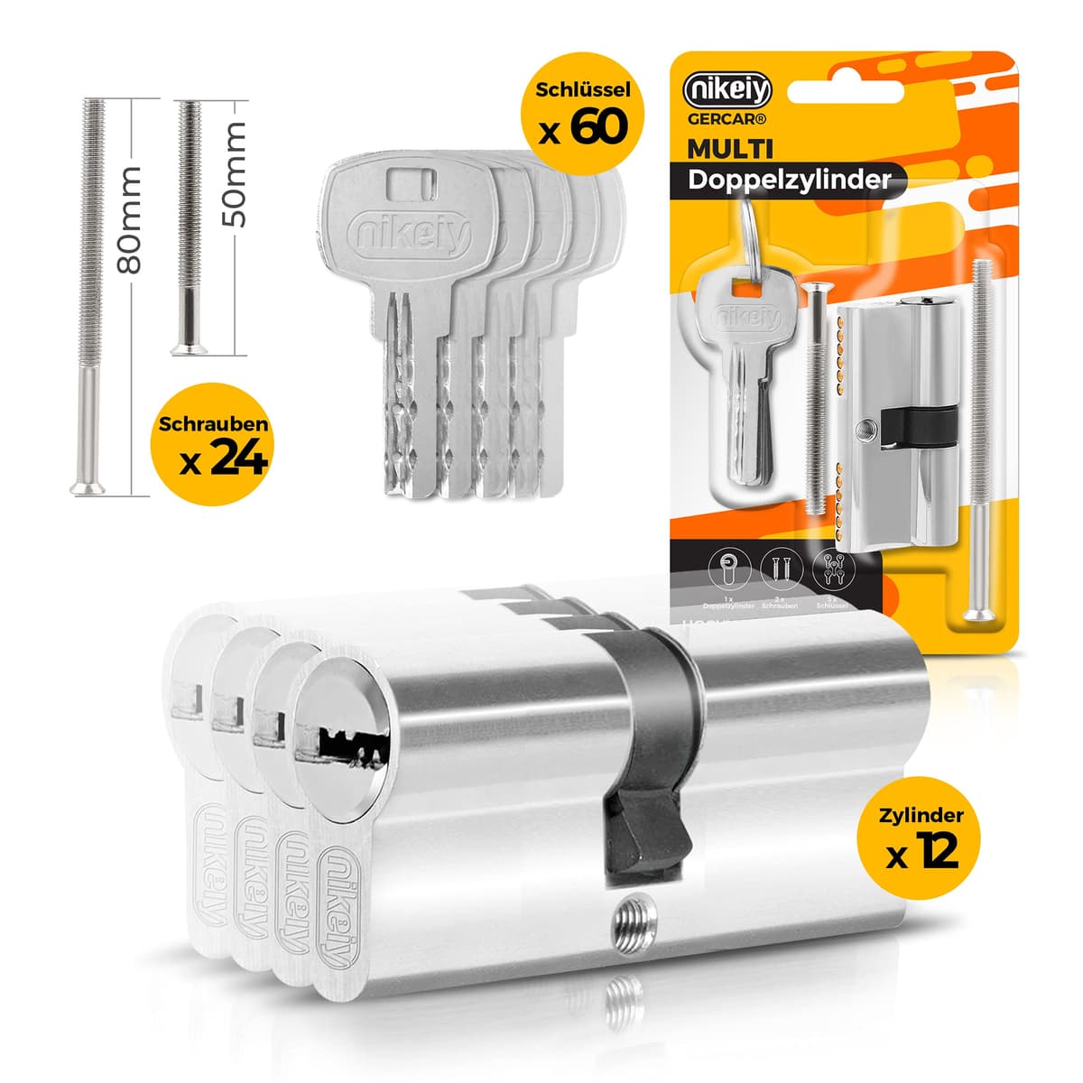 GERCAR 12 cilindros de cerradura con cierre uniforme, 12 cilindros de perfil 30/30, incluye 60 llaves de 60 mm, cerradura doble para puerta, juego de 12 unidades, longitud: 60 mm, A: 30 B: 30 — view 2